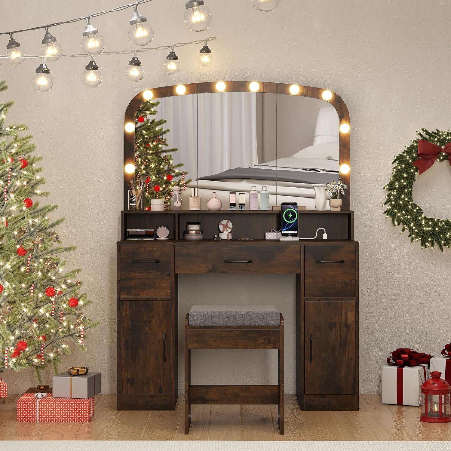 GIANTEX Schminktisch mit Beleuchtung und Spiegel, 3 Lichtfarben, Frisiertisch mit Hocker gepolstert, Kosmetiktisch mit Ladestation, Make Up Tisch mit 3 offene Fächern, 3 Schubladen & 2 Schränken Braun