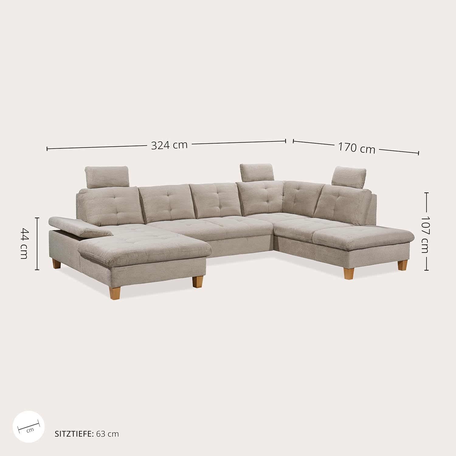 Wohnlandschaft Ascot mit Cord-Bezug und Schlaffunktion in Hellbraun, U-Form inkl. Kopfstützen, Bettkasten und Verstellbarer Armlehne - 324 x 107 x 218 cm (B/H/T)