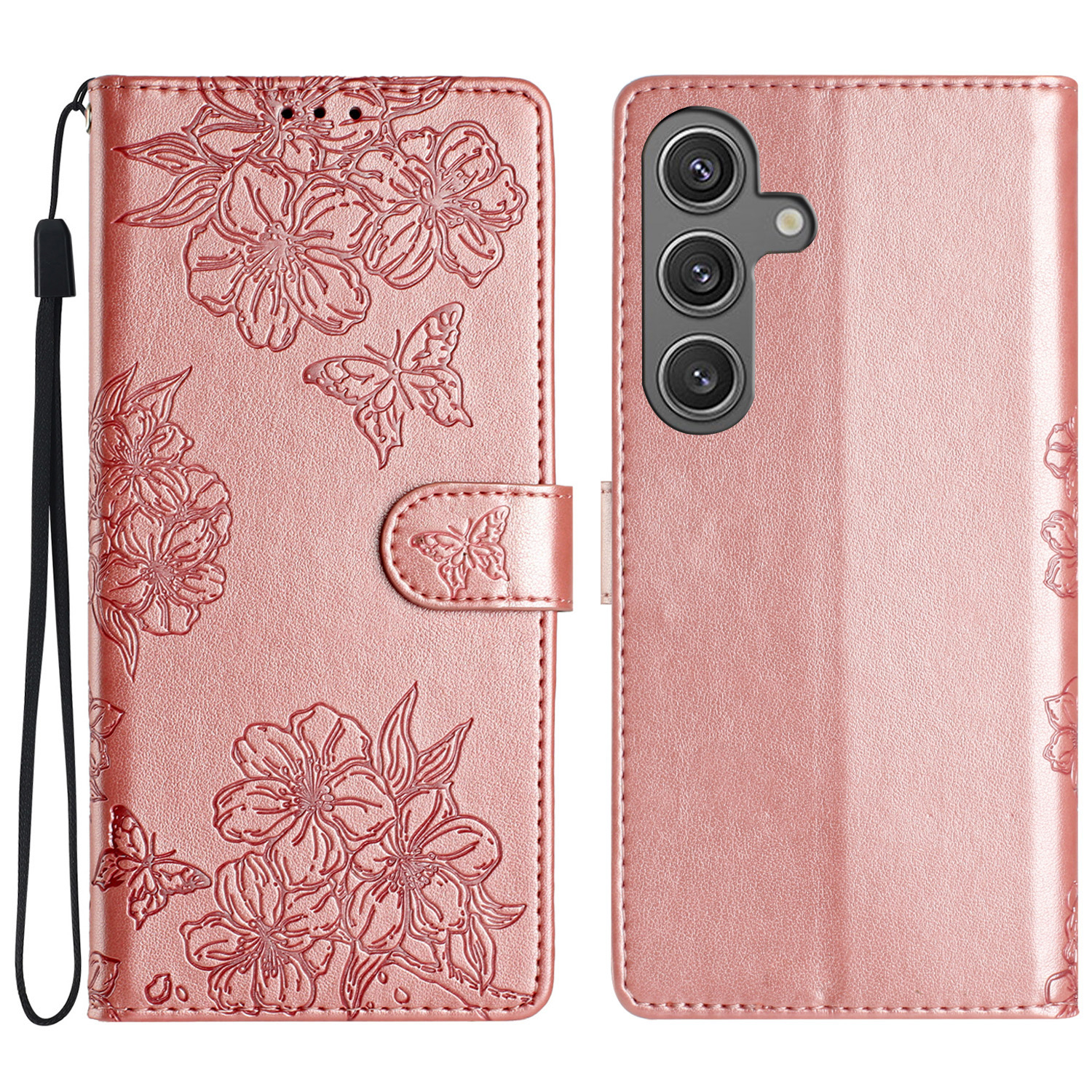 Samsung Galaxy S24 FE Leder Tasche Wallet - Mandala Butterfly Flowers Imprint - Roségold