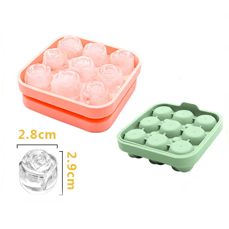 (2er Set) 9-fach 3D Silikon Eiswürfel Form DIY Ice Cube Tray mit Deckel für Cocktails / Whisky / Softgetränke - Rose