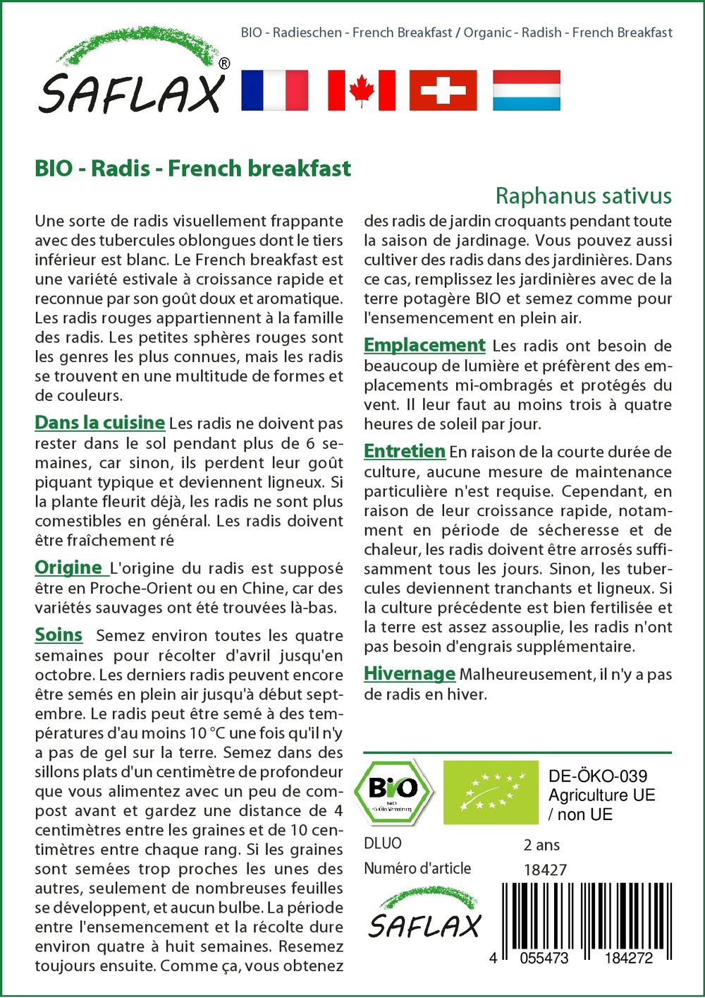 Bio - radis - french breakfast - 150 graines - raphanus sativus