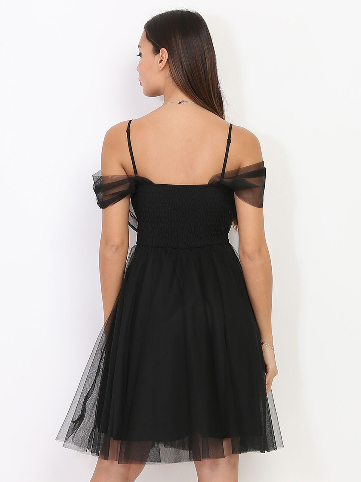 Robe en tulle à col bardot- Noir