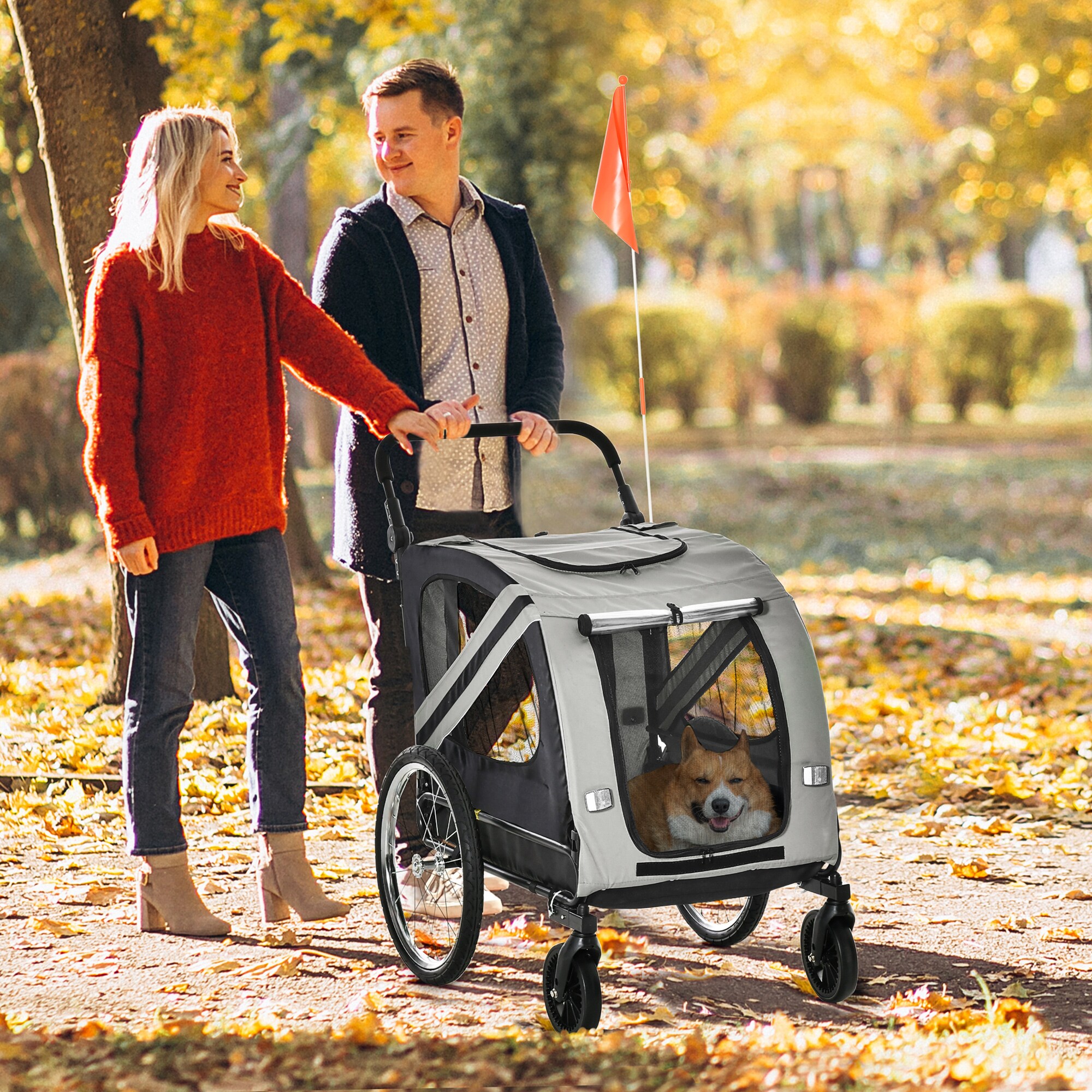 PawHut 2-in-1 Hundewagen und Anhänger mit Luftpumpe und roter Fahne grau 140L x 72,5B x 108H cm