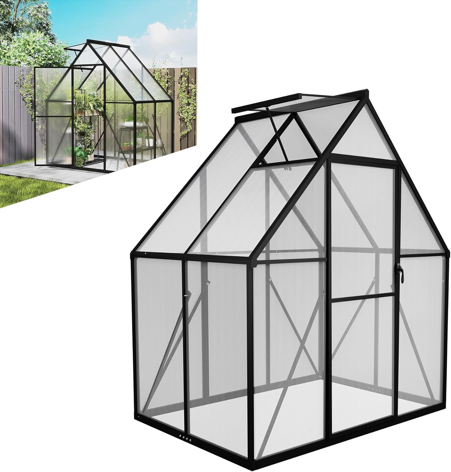 Gartengewächshaus Aluminium mit Fundament 125x180x195 cm Gewächshaus Pflanzenhaus mit Schiebetür und Dachfenster Treibhaus Gartenhaus Winterfest Aufzucht Tomatenhaus (6x4 ft)