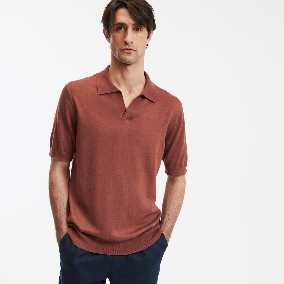 COLEÇÃO LA REDOUTE<br>Camisa polo com decote em V e mangas curtas