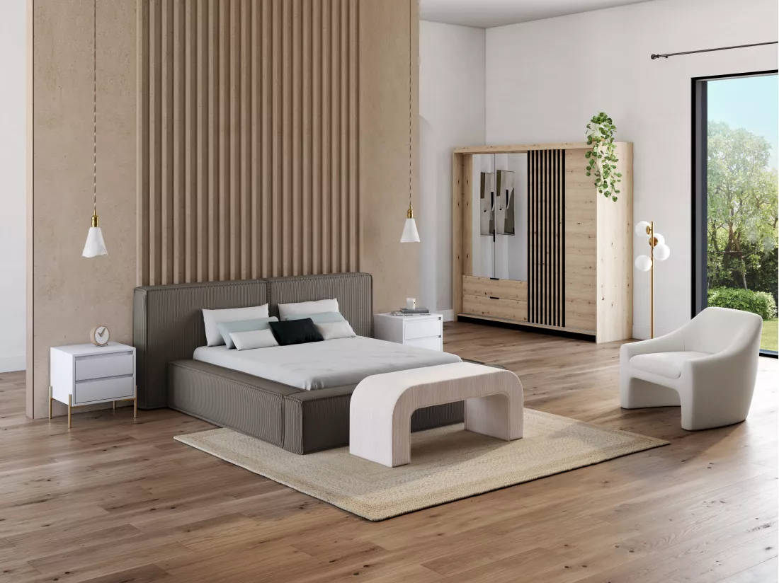 Lit coffre 180 x 200 cm - Velours côtelé - Taupe - TIMANO de Pascal Morabito
