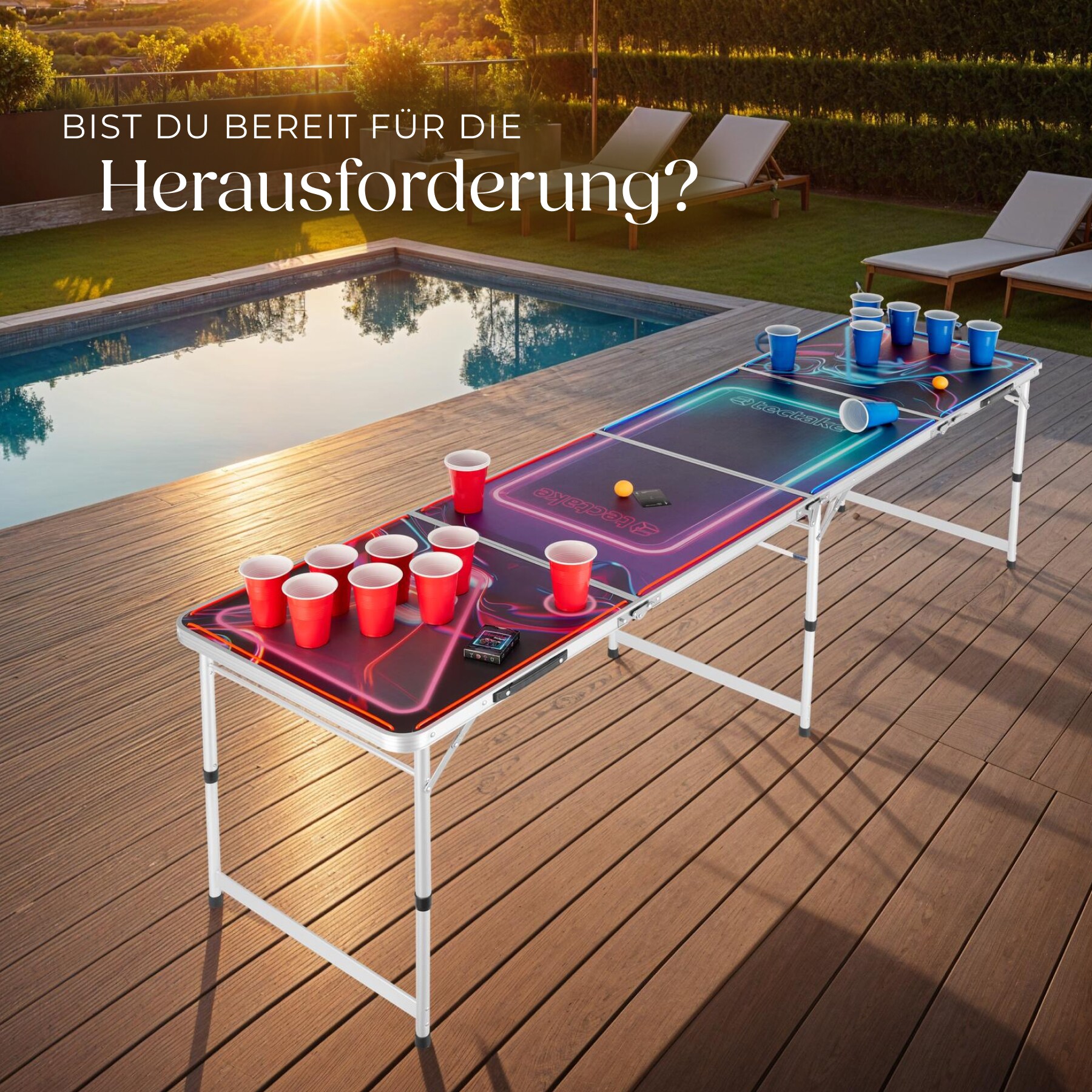 tectake® Bierpongtisch, aus Aluminium, mit LED-Beleuchtung, bodenschonende Kunststofffüße, inklusive 100 Bechern, 6 Bällen und Kartentrinkspiel