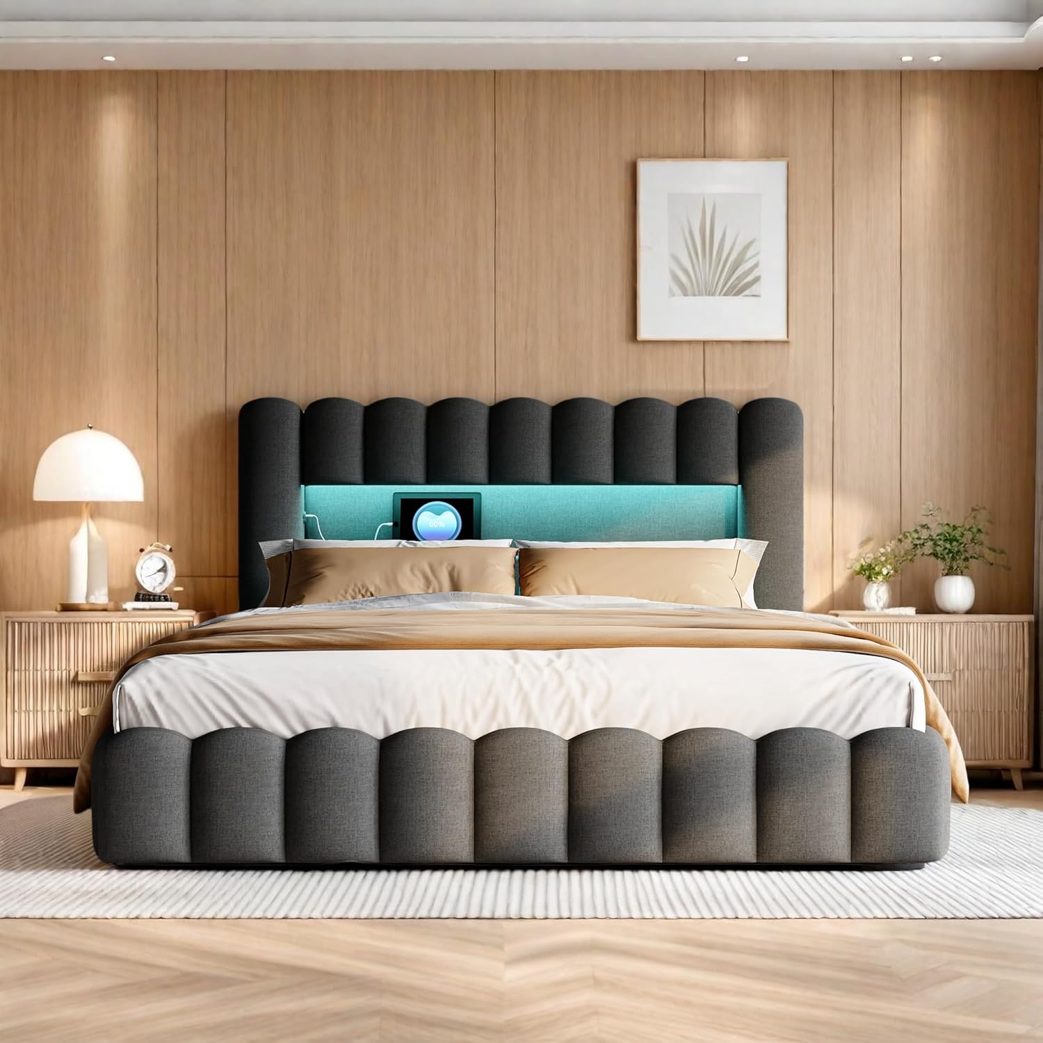 Bubble Bett 140x200 Mit Bettkasten, Polsterbett Doppelbett Mit Hydraulisch Stauraum, Stauraumbett Mit LED Und USB Ladefunktion, Jugendbett Bettgestell Mit Lattenrost, Leinen, Ohne Matratze, Grau