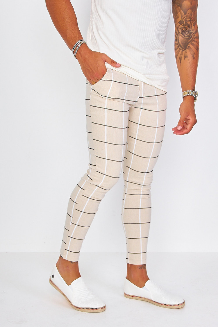 Pantalon à pince beige à carreaux