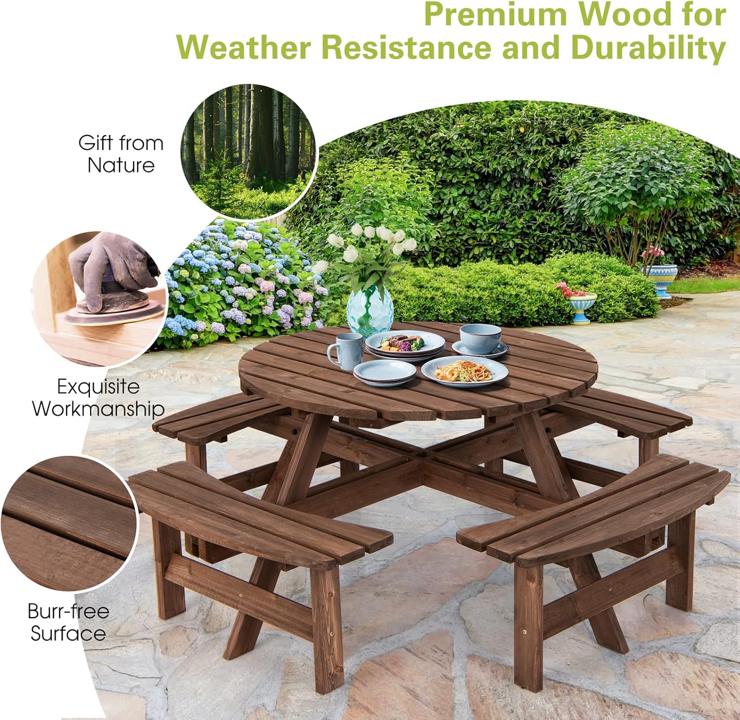 GIANTEX Gartenmöbel Set Holz 8 Personen, Garten Sitzgruppe 4 Bänken & 1 Gartentisch, Picknicktisch mit Schirmloch, Bierzeltgarnitur Bierbankgarnitur Biertischgarnitur Massiv Tannenholz wetterfest