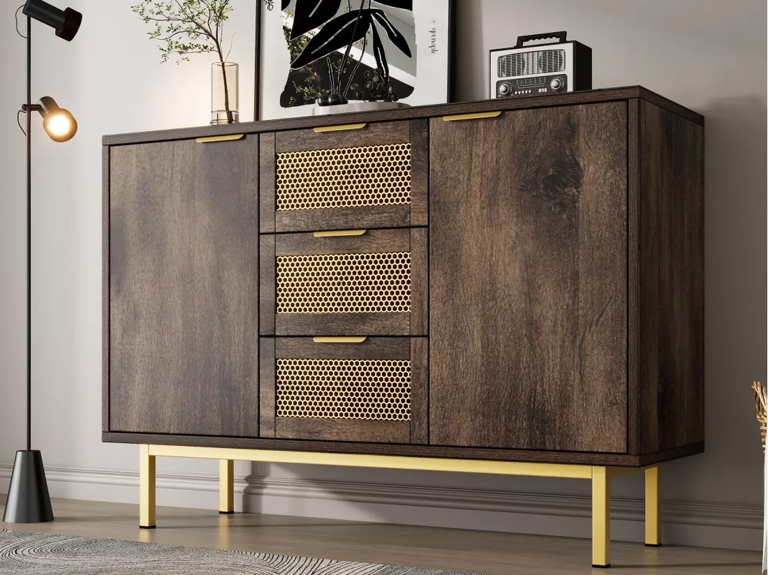 Commode avec 3 tiroirs et étagères réglables - poignées en métal - Marron