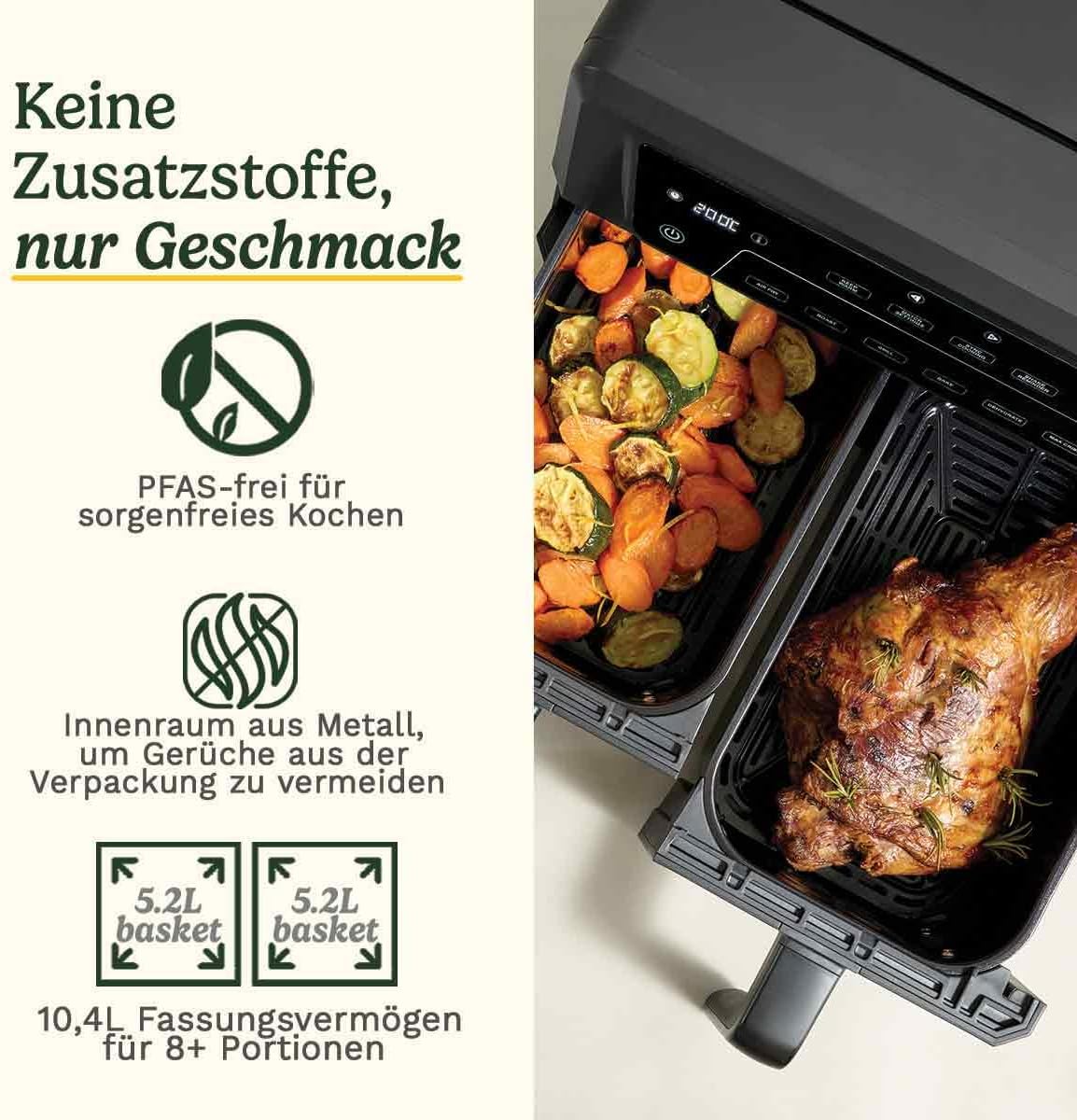 Cuisinart XXL Zweizonen-Heißluftfritteuse| PFAS Frei | Chemiekalien frei,| Braten, Grillen, Backen, Dehydrieren und Warmhalten | 2 kammern| 2 x 5.2L - 8+ portionen| Spülmaschinenfeste Teile, Schwarz