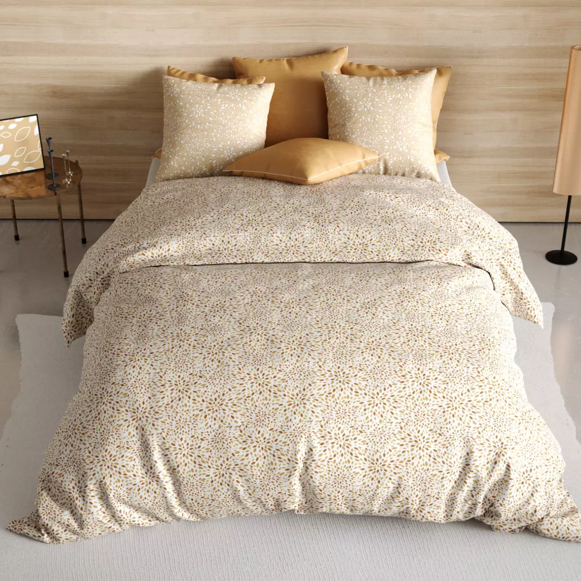 Housse de couette et deux taies coton (260 x 240 cm) Hanabi Marron