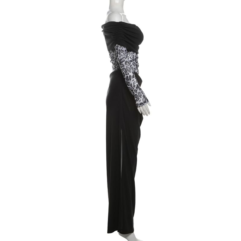 Sugarcoat - Lange mouwen off-shoulder luipaardprint split nep tweedelige maxi manteljurk