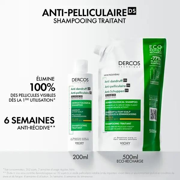 Shampoo Anticaspa Vichy Dercos para Cabelos Secos 2x Refil Ecológico 500ml