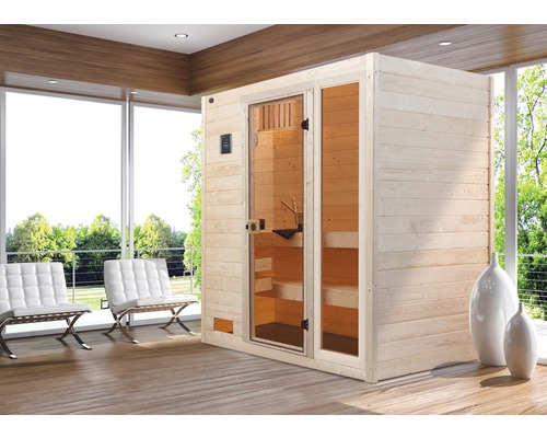 Weka Valida GTF massief houten sauna inclusief 7,5 kW kachel en digitale bediening met raam en volledig glazen deur van helder glas