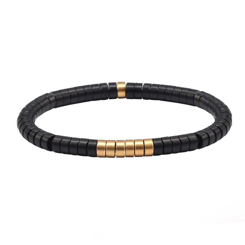 Bracelet Heishi Métal Série Acier Noir Et Dore Mat-XS-14cm