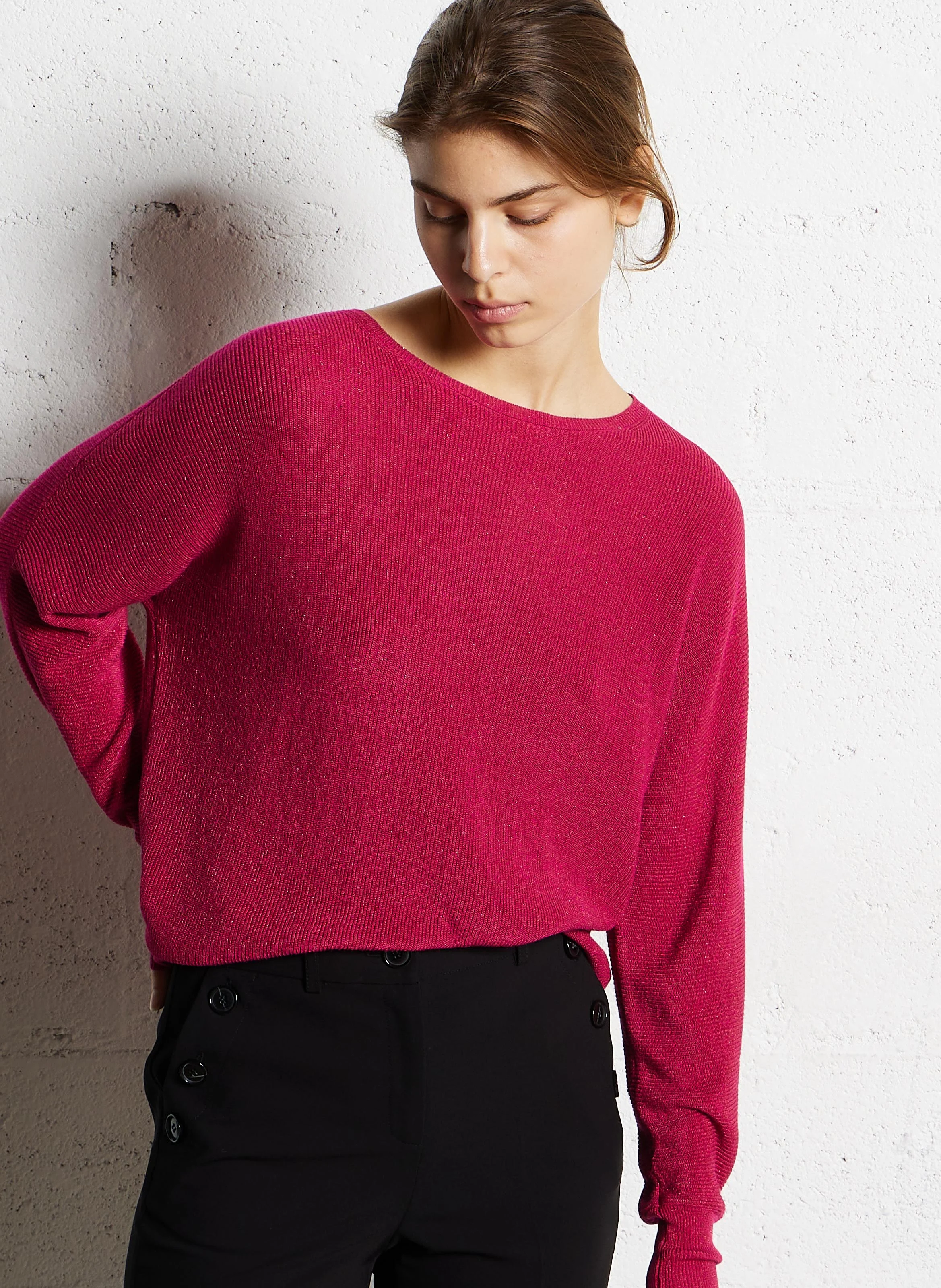 MACARENY - Pull droit col bateau en maille lurex | Rouge