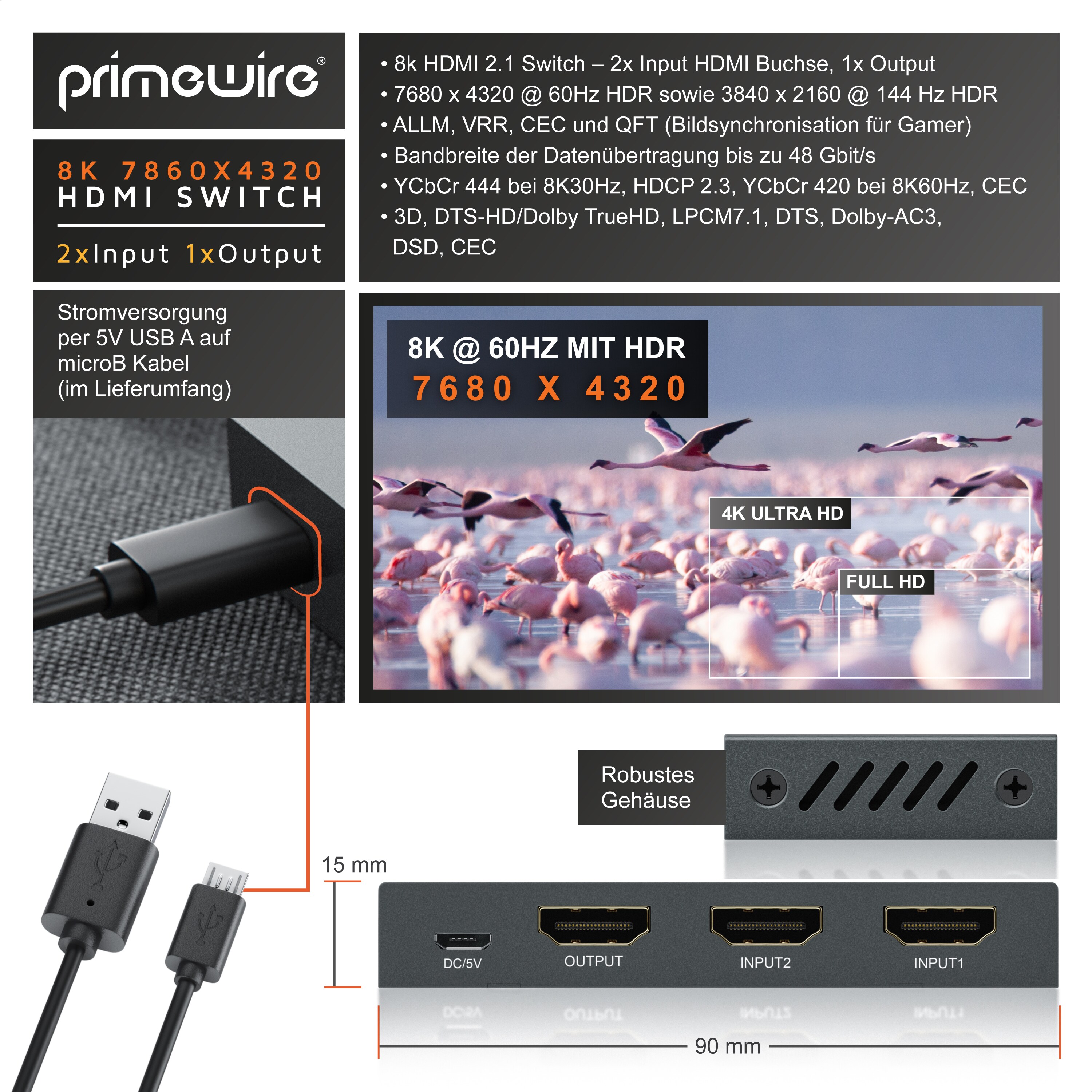 Primewire 8k HDMI Switch 2.1a, 2X Input HDMI Buchse, 1x Output, Verteiler, 7680 x 4320 UHD II (4320p) 60 Hz, HDR, 3D, CEC, HDCP 2.3, VRR, QFT, ALLM