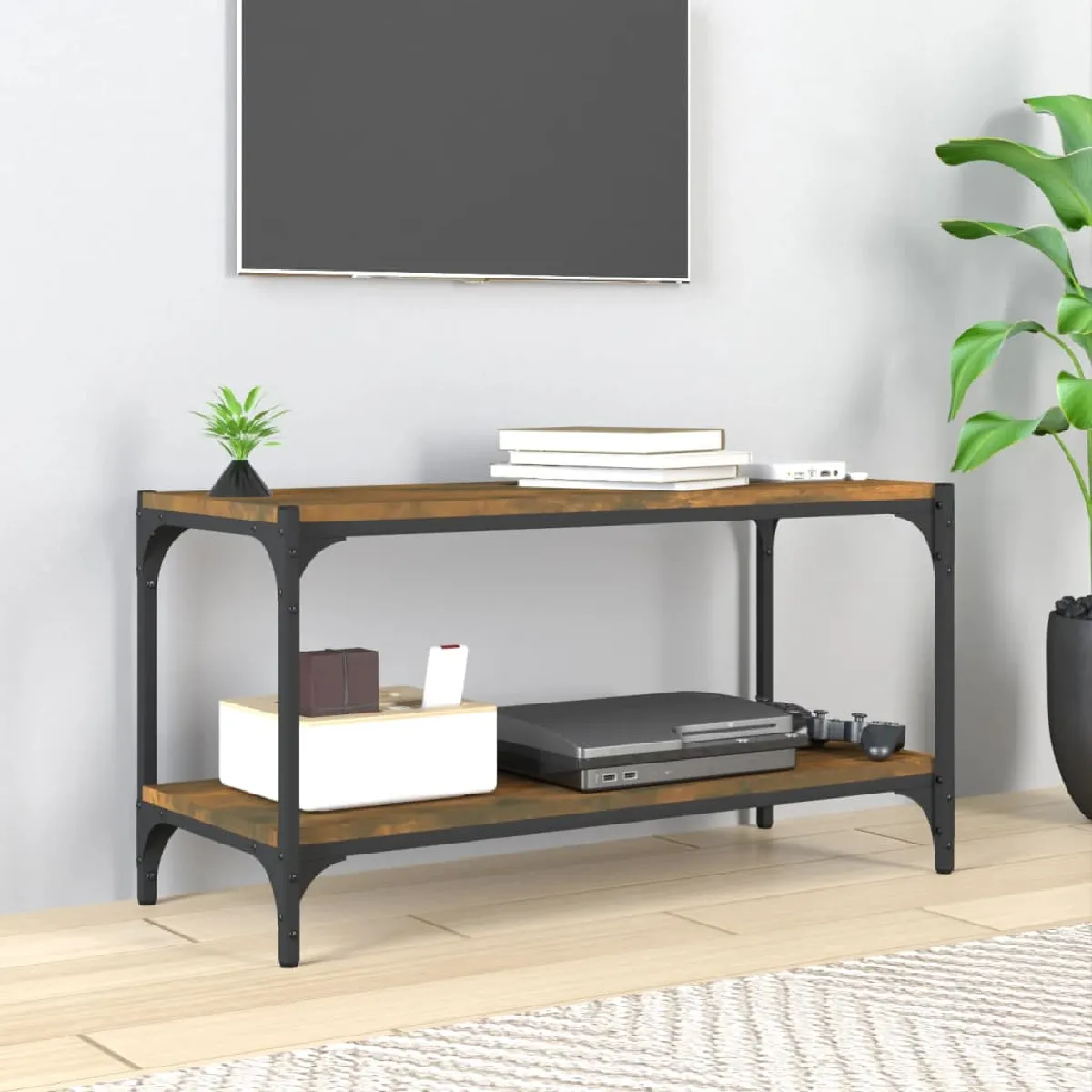 Meuble TV VidaXL Chêne fumé et acier 80x33x41 cm