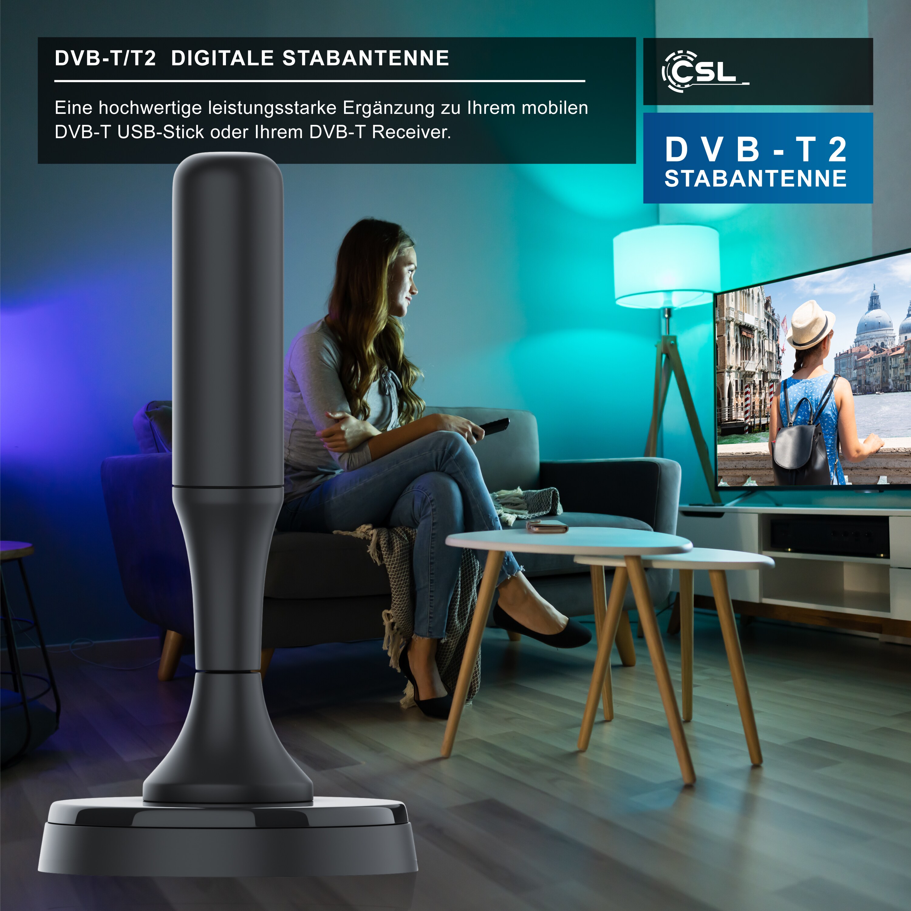 CSL DVB-T, DVB-T2 Stabantenne für Innenbereich, digitale Antenne mit 4m Kabel / inkl. F-Stecker Adapter