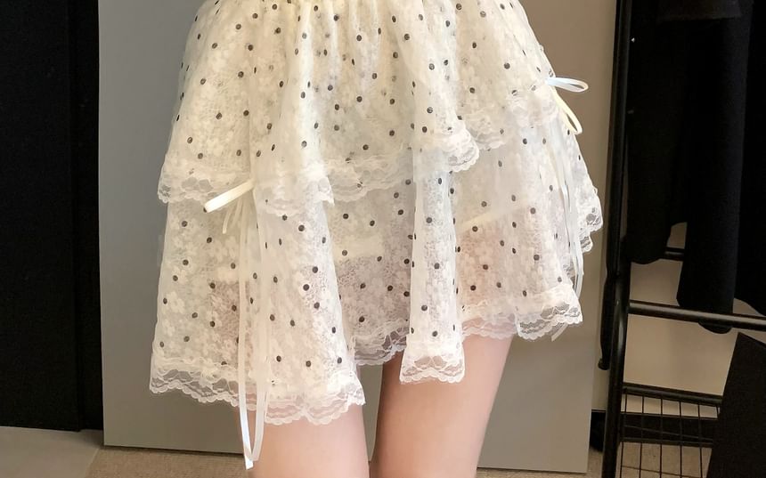 Closette - Crop top met korte mouwen, ronde hals, strikapplicatie / elastische taille, gestippelde strik, ruches en kanten rand, mini A-lijn rok