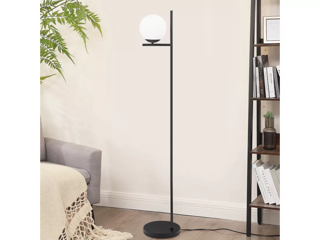 NETTLIFE Lampadaire Industriel - Noir Moderne avec Interrupteur à Pied Métal Design Blanc Verre Lampadaire E27 Vintage Câble 2M