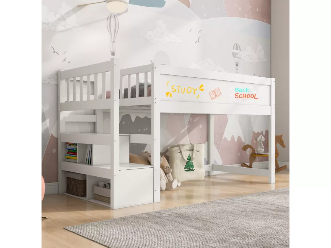 Lit mezzanine enfant 90x200cm avec escalier de rangement et tableaux - Pin de certification EN747 - Blanc