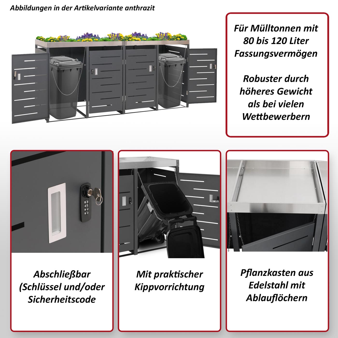 4er-Mülltonnenverkleidung MCW-H40, Mülltonnenbox, Pflanzkasten Edelstahl-Metall-Kombi 92kg 125x264x84cm erweiterbar