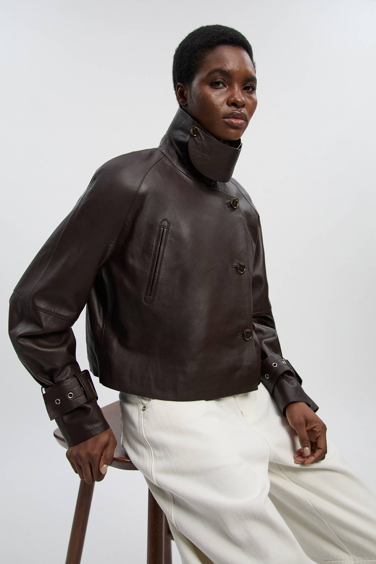 KarenMillen Trench Court En Cuir À Col Montant