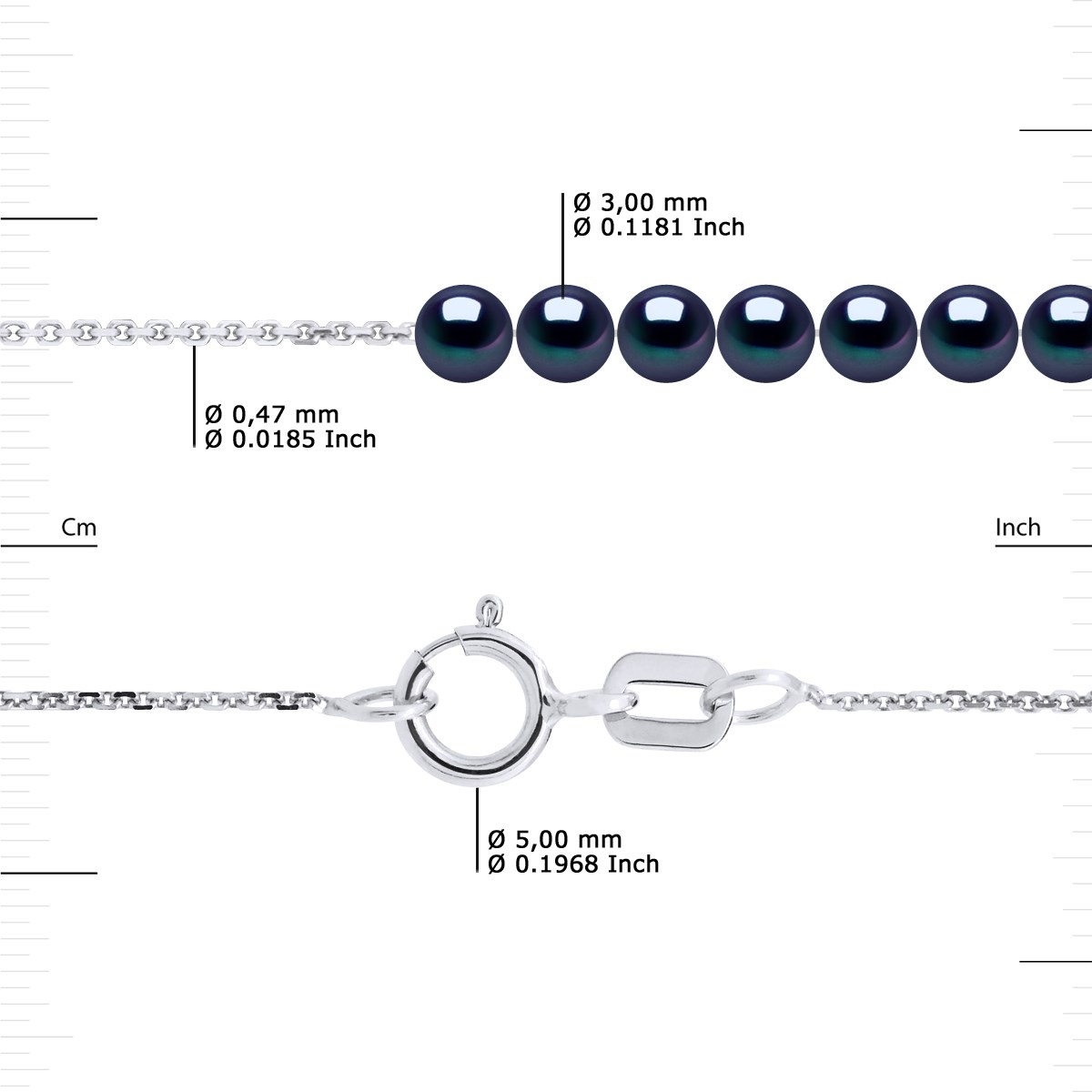 Bracelet TRINITE 7 Perles d'Eau Douce Rondes 3-4 mm Noires Chaîne Forçat Or Blanc