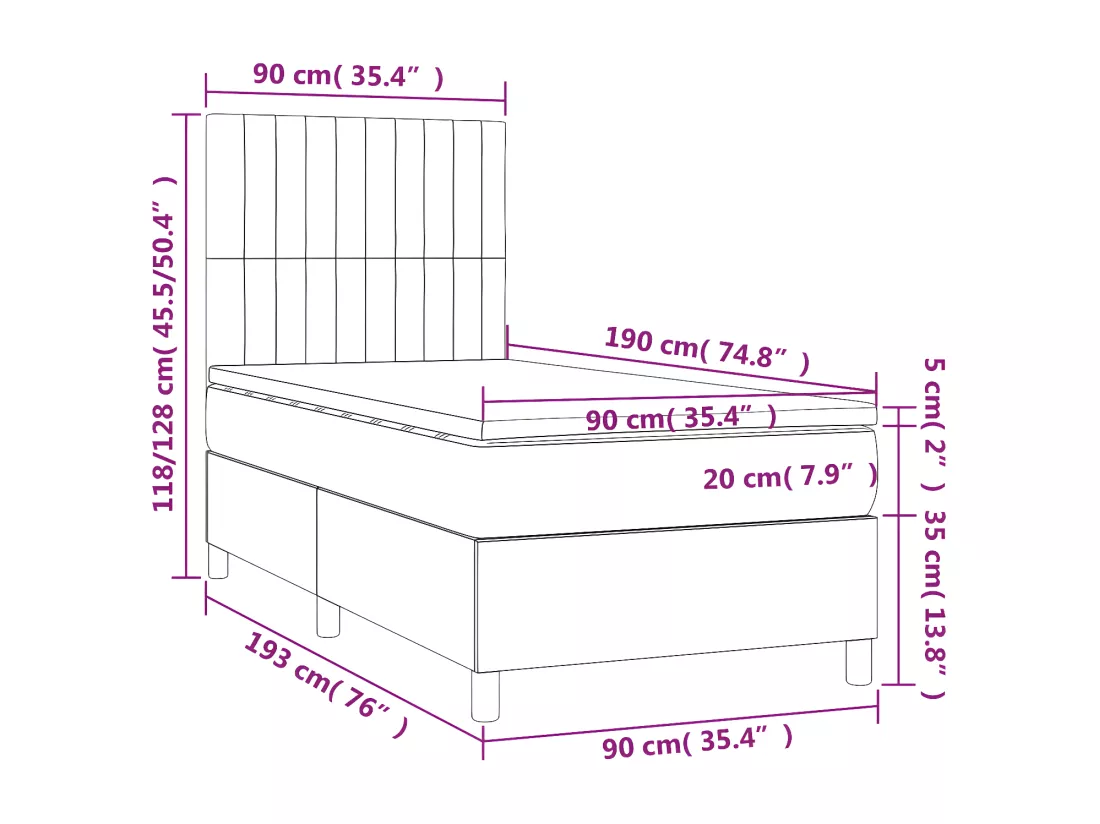 Sommier tapissier avec matelas et LED Rose 90x190 cm Velours