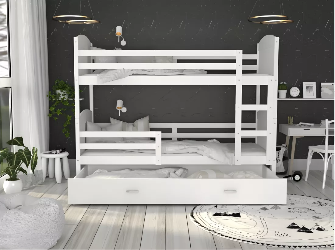 Lit Superposé Matis 90x190 (Sans Matelas) Blanc - blanc Livré avec le sommiers et tiroir.