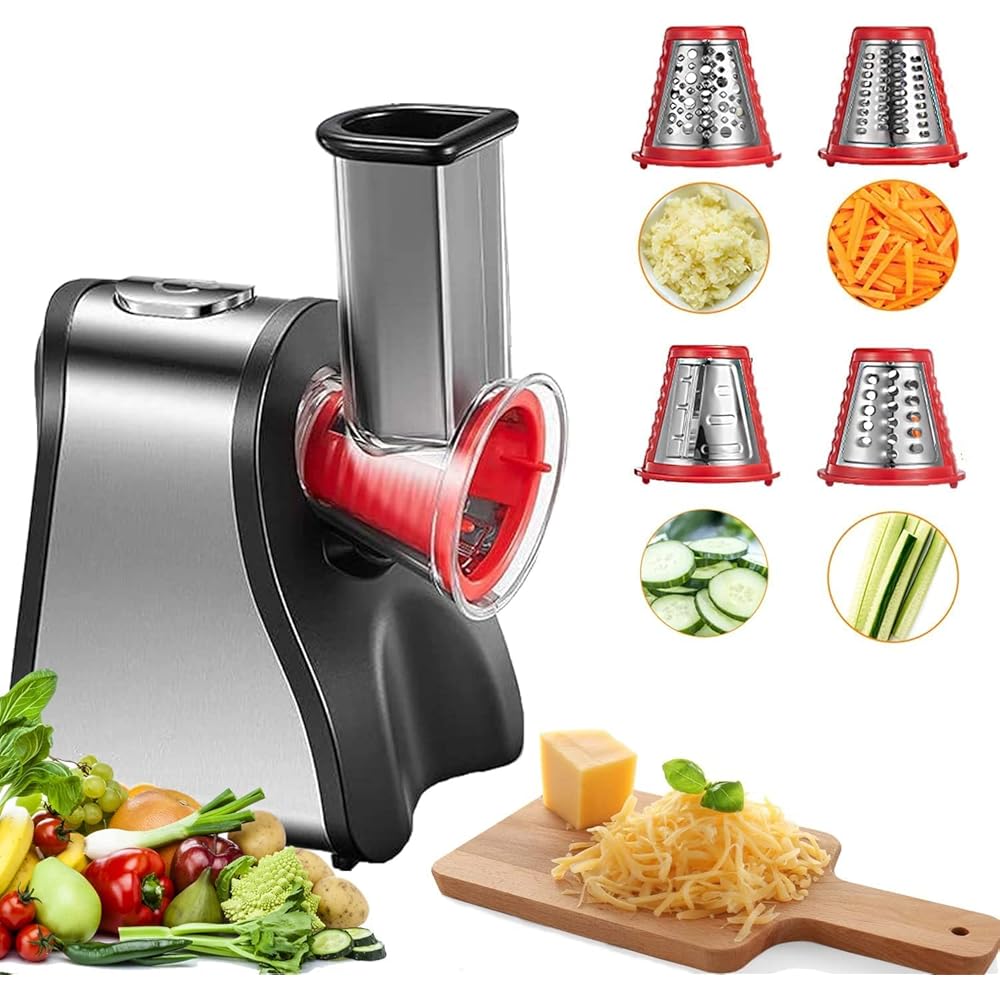 FOHERE 4 en 1 Râpe a Légumes Électrique, Découpe légumes électrique 200W Râpe Carottes Hachoir Électrique pour Fromage, Carottes, Pommes de Terre, Concombres, Argent : Cuisine et Maison