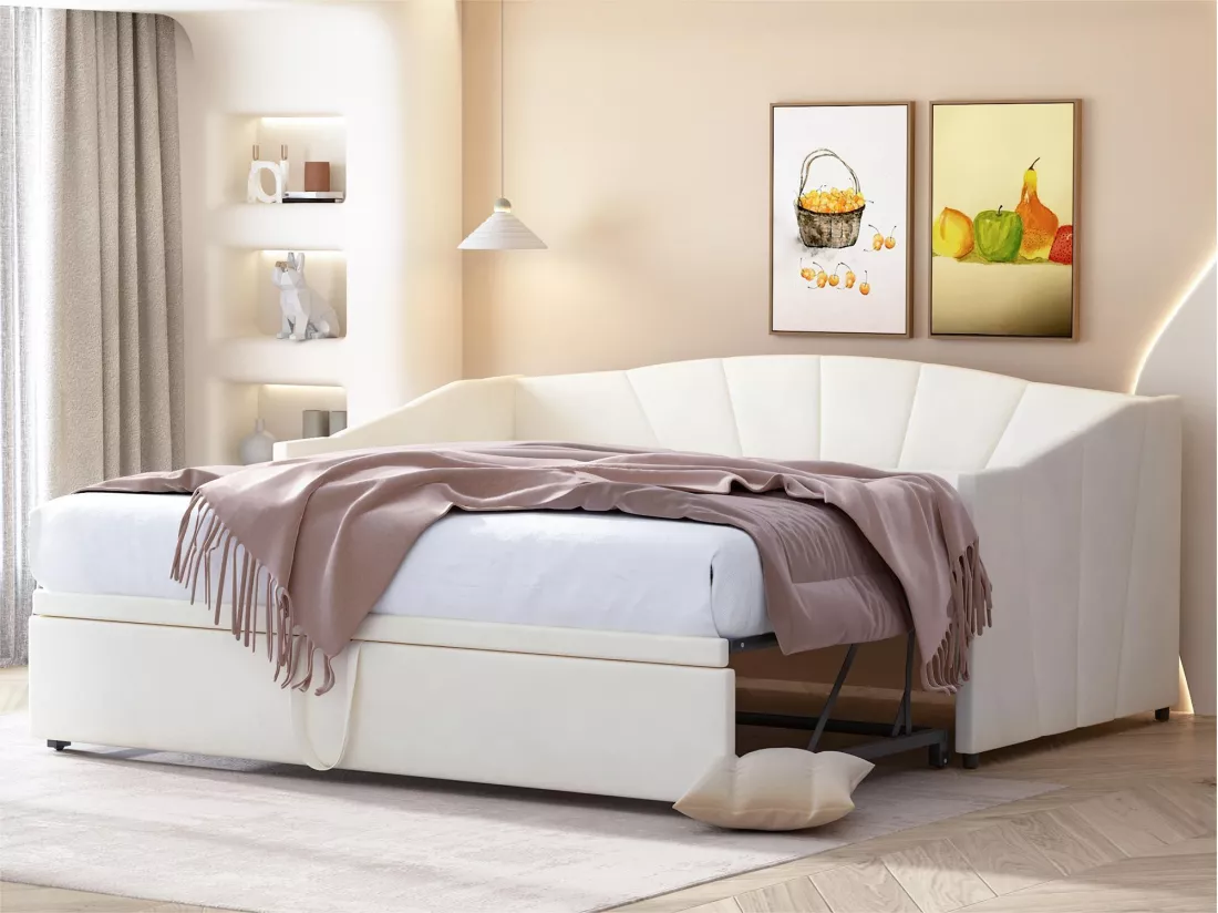 Lit gigogne - 2 x 90 x 200 cm - velours - sommier à lattes - coloris beige