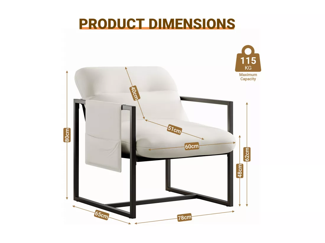 Fauteuil Contemporain en sherpa - Pied Métal - 78x65x80cm - pour Salon et Chambre - Blanc cassé