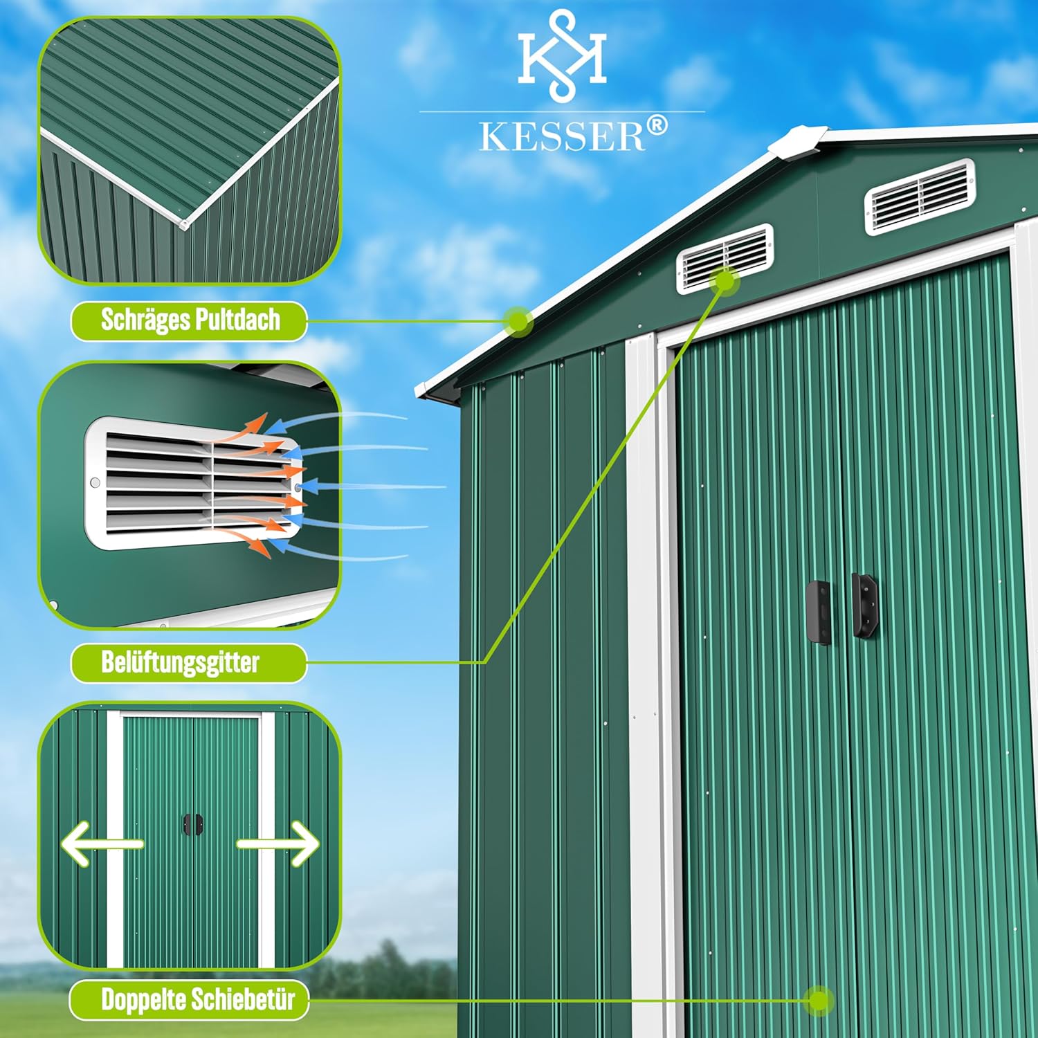 KESSER® XL Metall Gerätehaus 4,2m³ mit Fundament | Inkl. Arbeitshandschuhe | 195x131x186cm | 2X Schiebetür & Fundament | Geräteschuppen | Gartenhaus Schrank | Satteldachdach Garten Schuppen Grün