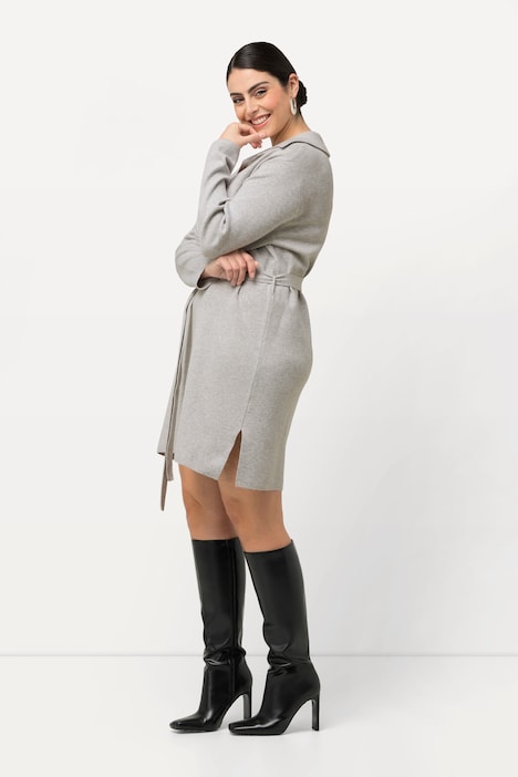 Strickkleid, Gürtel, Hemdkragen, V-Ausschnitt, Langarm