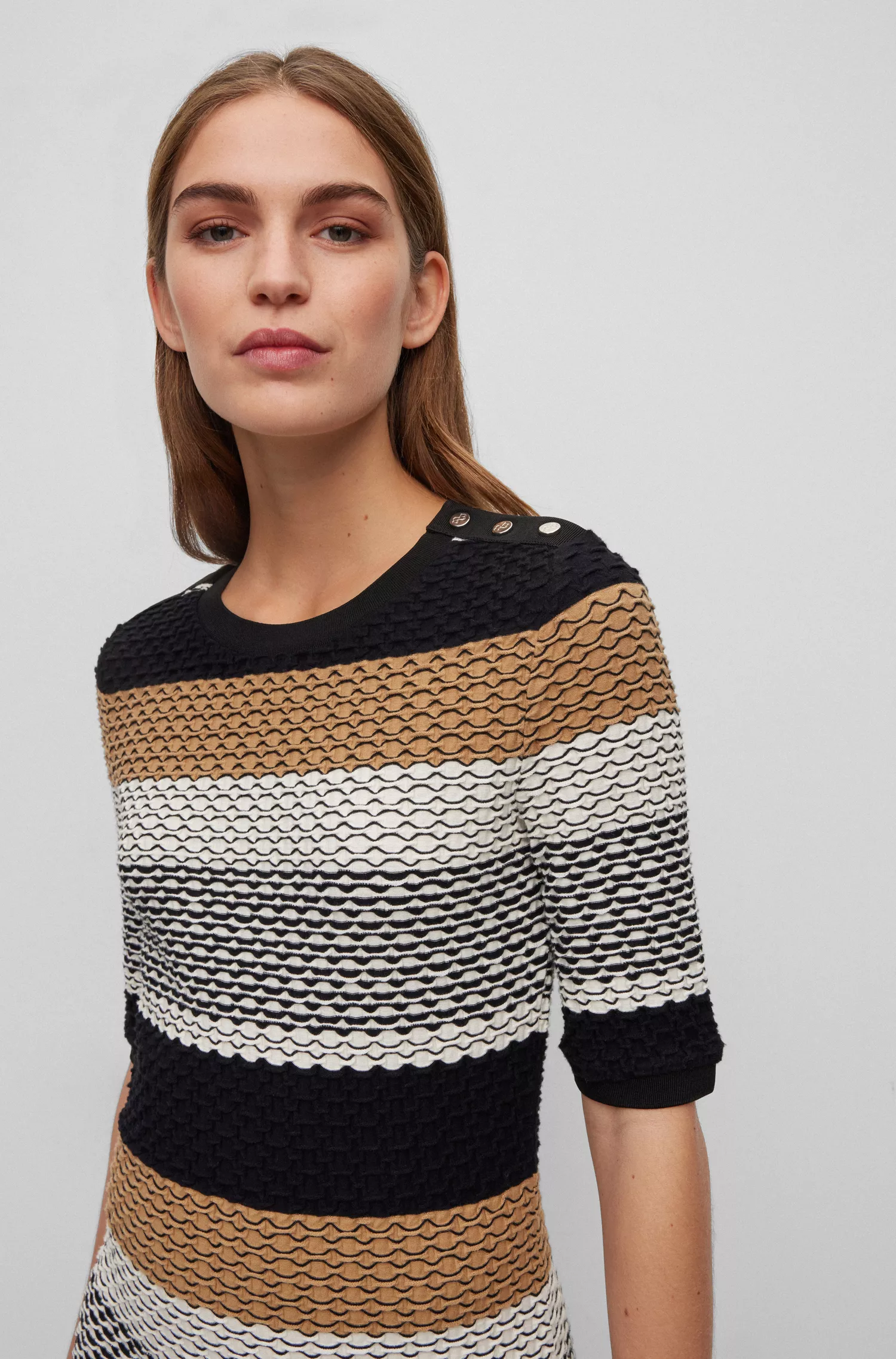 Vestido BOSS preto com listras estruturadas em malha de algodão stretch