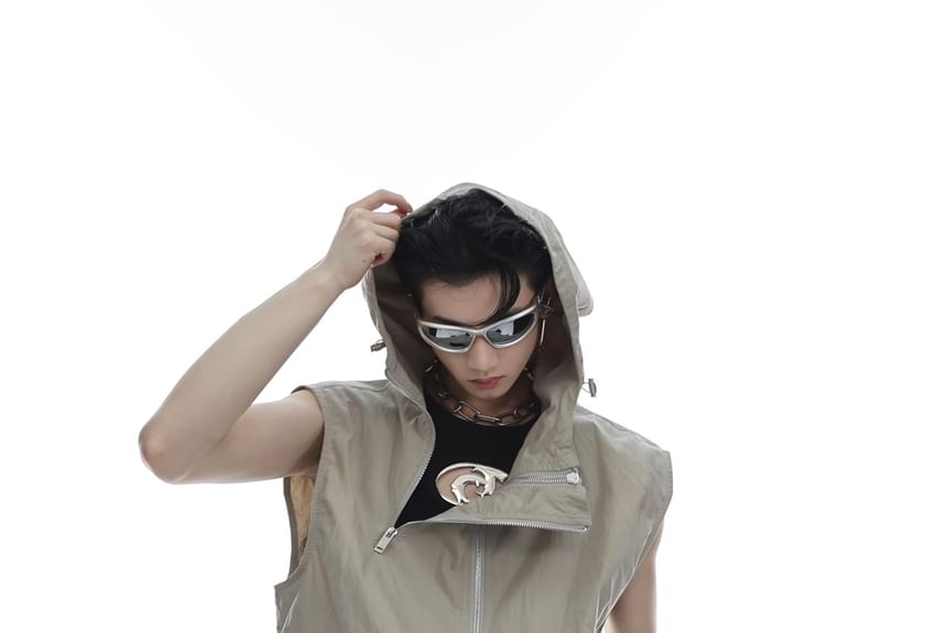 Kooklay - Effen vest met capuchon en rits / Hoge taille, wijde broek