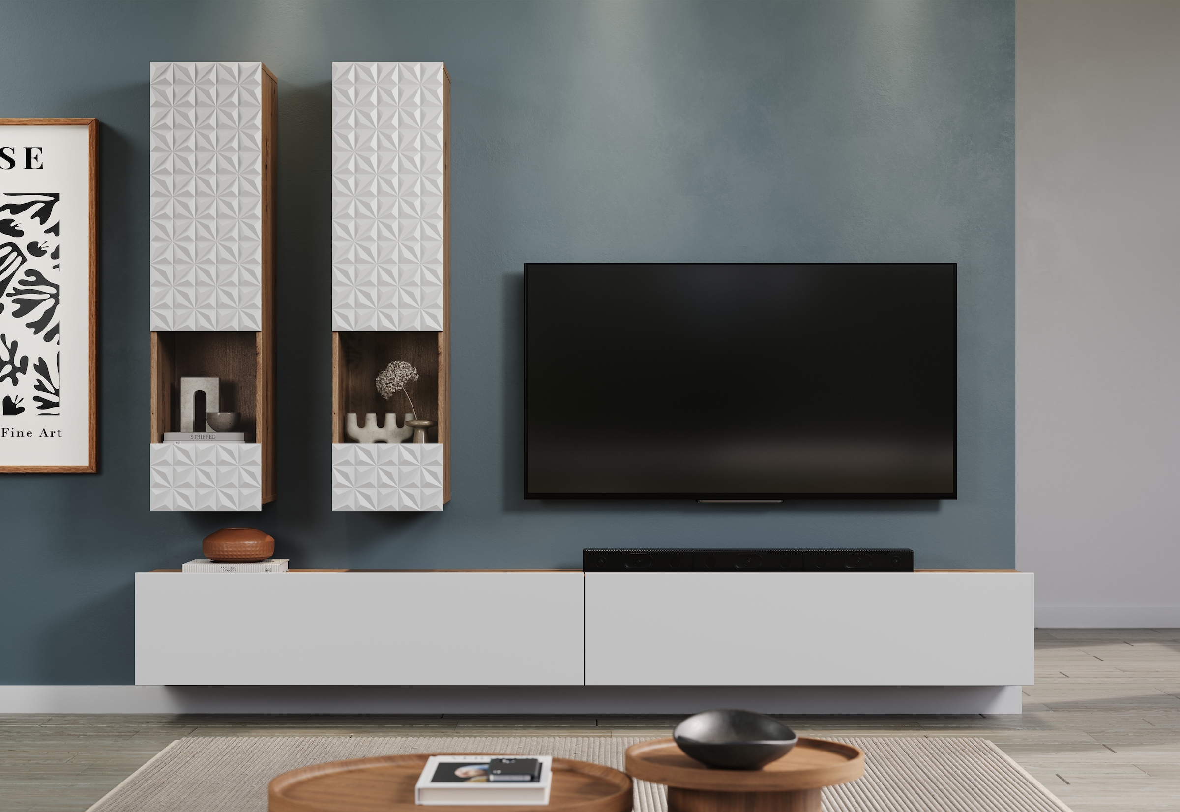 INOSIGN Wohnwand »Rezzo, 2 Hängevitrinen mit Relief-Front, 2 Lowboards je Br. 120 cm« Komplett-Set, 4 Stk. tlg.