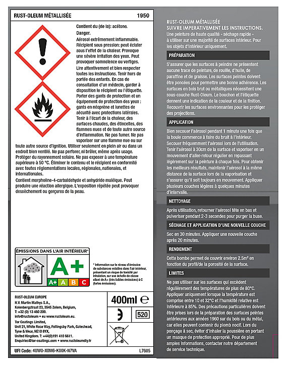 Peinture aérosol effet métallisé Rust-Oleum chrome cuivre 400ml