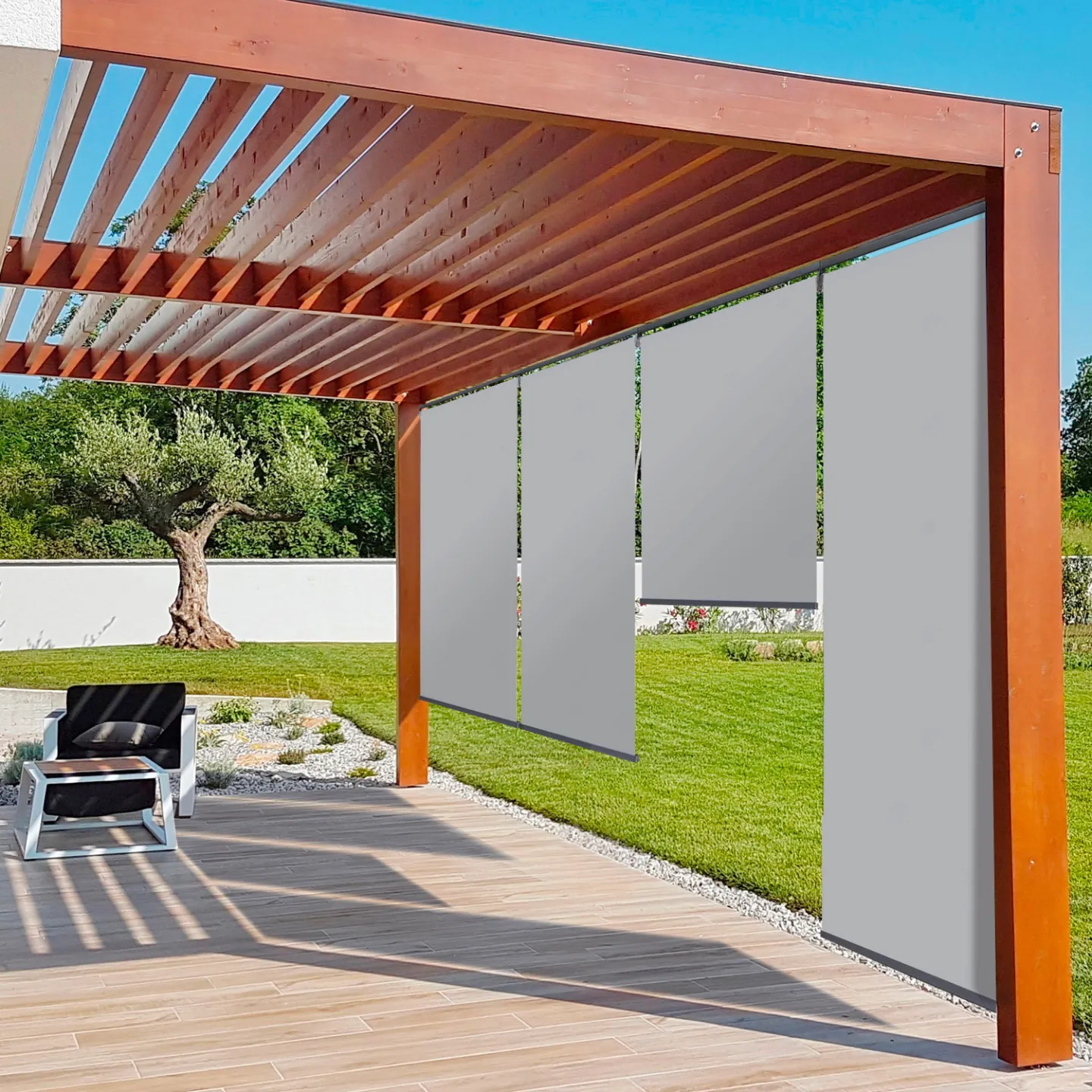 Lot de 2 stores enrouleurs L.124 x H. 225 CM pour pergola gris clair