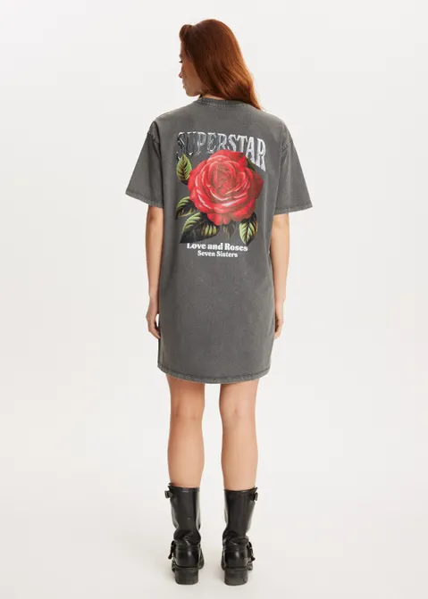 T-shirt jurk met print roos grijs (GRS)