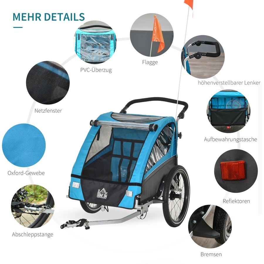 HOMCOM 3in1 Kinderwagen auch als Jogger und Fahrradanhänger blau