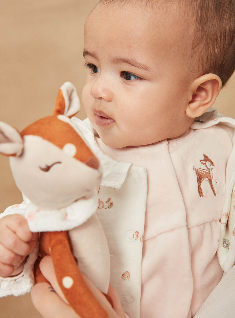 Grenouillère rose pâle et gilet écru en velours en coton biologique et polyester recyclé