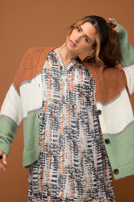 Strickjacke, Boxy Fit, Blockstreifen, V-Ausschnitt, Langarm