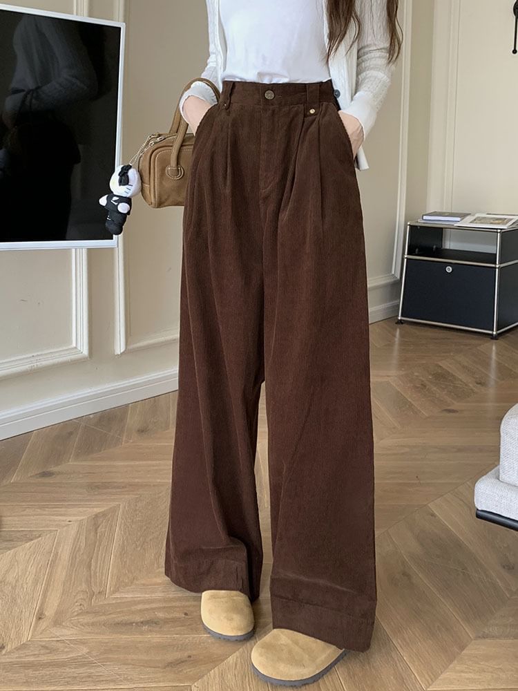 ANORA - Hoge taille effen corduroy broek met wijde pijpen