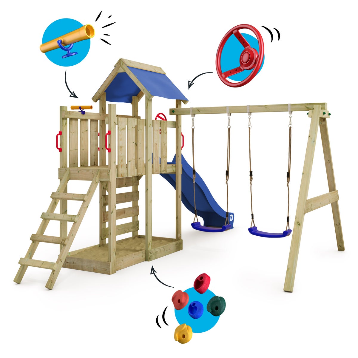 WICKEY MultiFlyer Speeltoren Klimrek met Schommel en Glijbaan, Klimtoren met Zandbak, Ladder en Speelaccessoires - Blauw