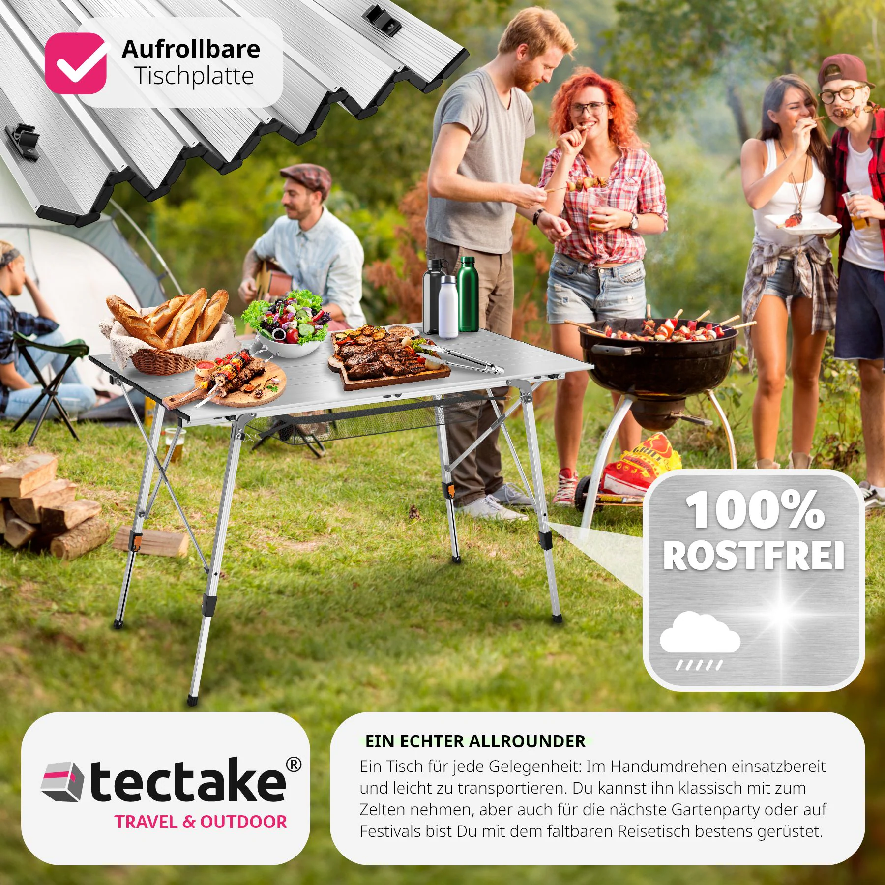 tectake® Campingtisch, faltbar, höhenverstellbar, 120 x 70,5 x 58 – 79 cm